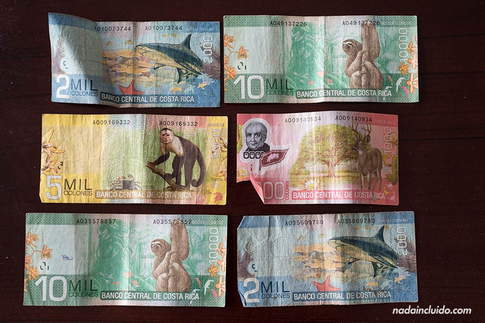 Algunos de los billetes del colón de Costa Rica