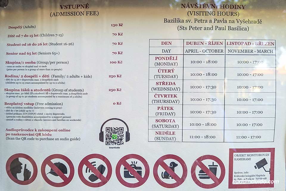Listado de precios de la basílica de San Pedro y San Pablo en Vyšehrad - Praga (República Checa)