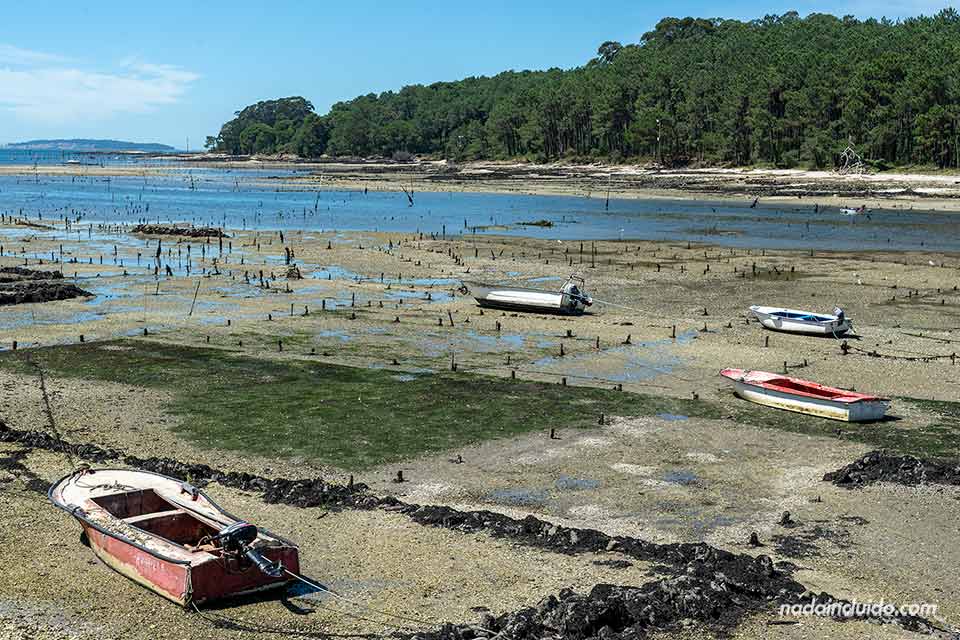 rias barcas pesqueras esperando a la subida de la marea en Santiago de Carril (Galicia)