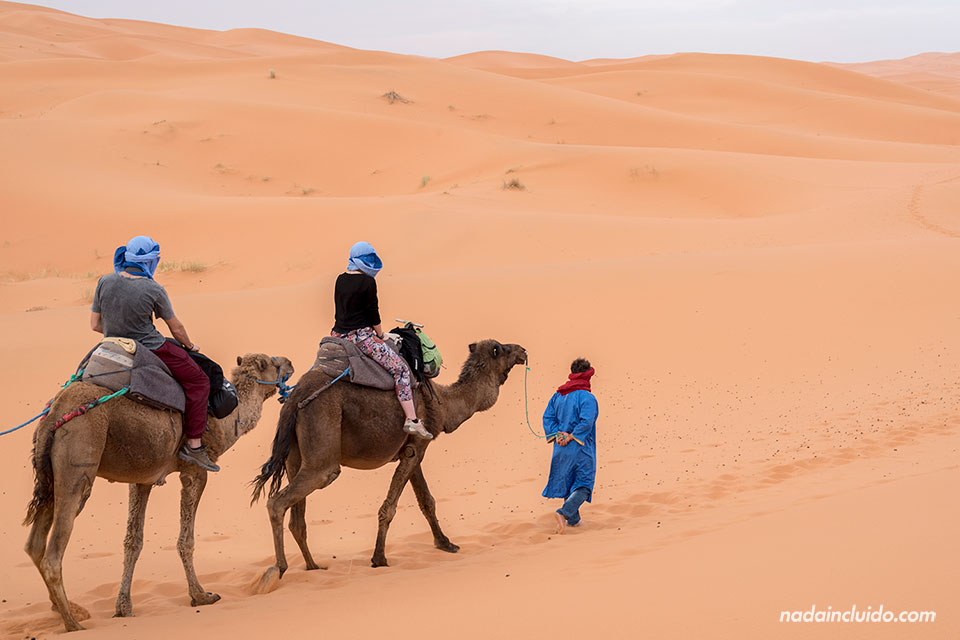 Dos turistas en camello por el desierto del Sáhara (Marruecos)
