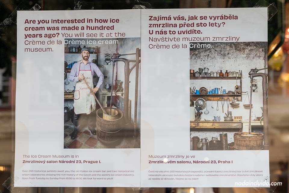 Cartel en inglés y checo en el escaparate de la heladería Créme de la Créme - Calle Narodni de la Ciudad Nueva de Praga (República Checa)
